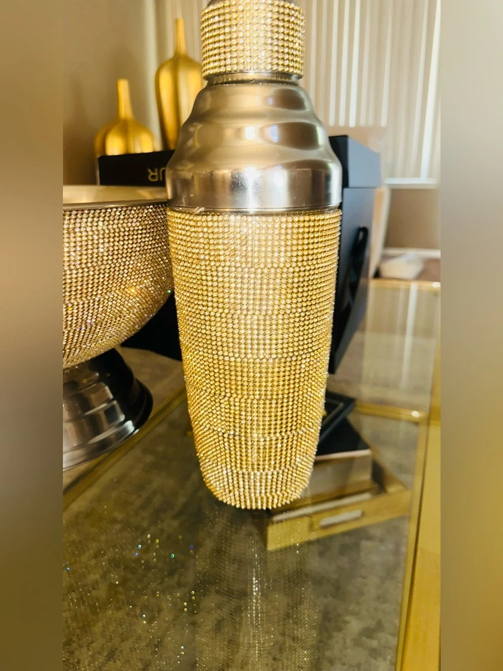 Cocktail party Set! Gold Rhinestone Champagne bucket, 4 Martini Glass & Shaker